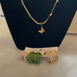 Gold and Green Butterfly Necklace with Dainty Design set